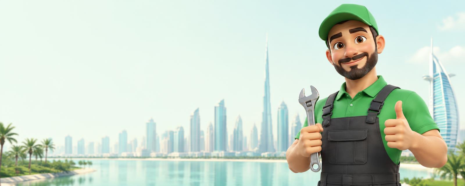 Friendly green maintenance helper with the Dubai skyline